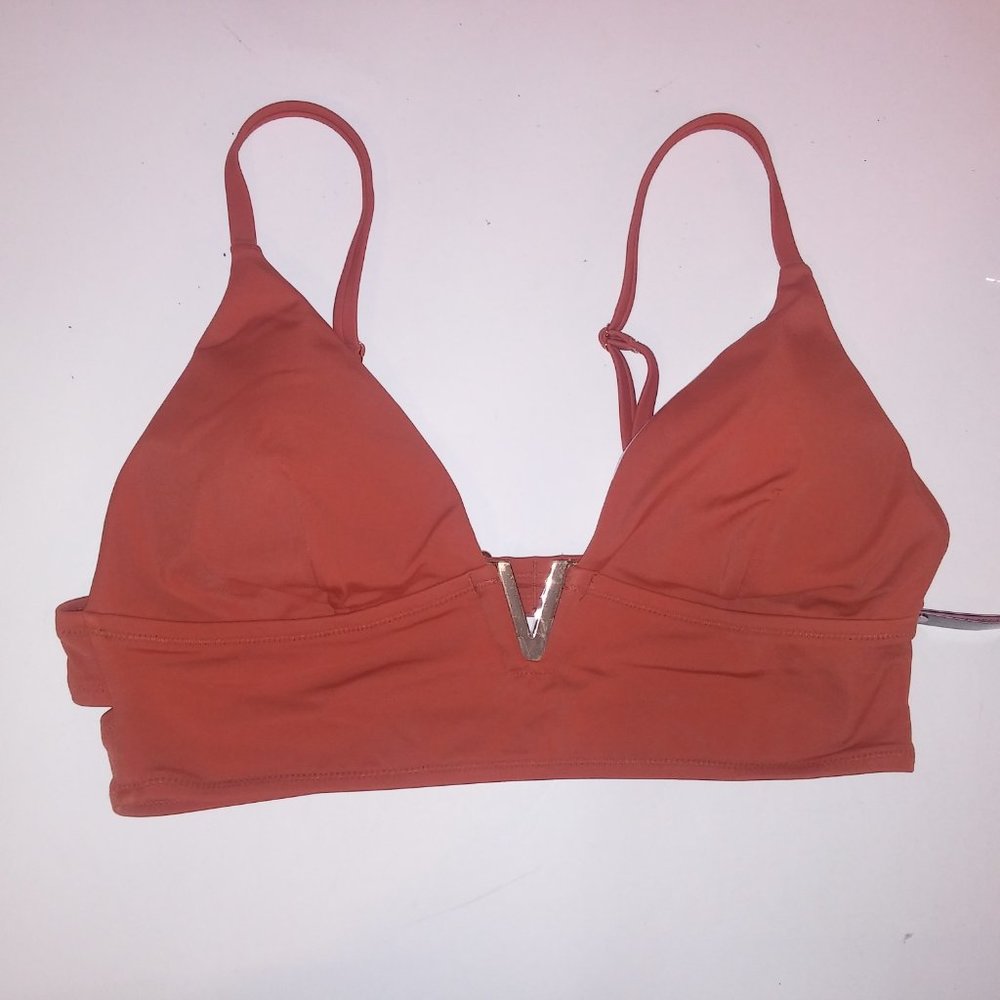 Victoria Secret Swim Bikini Top Large Ginger Solid Gold V Center Long Line